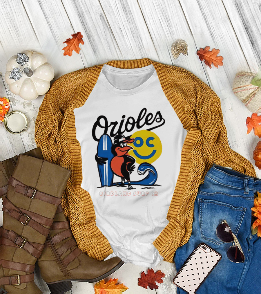 Orioles Birdland Surf Co Smiling Sun Surfboard T-Shirt