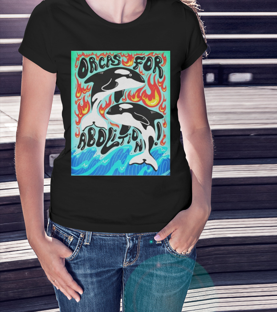 Orcas For Abolition Ocean Waves And Flames T-Shirt