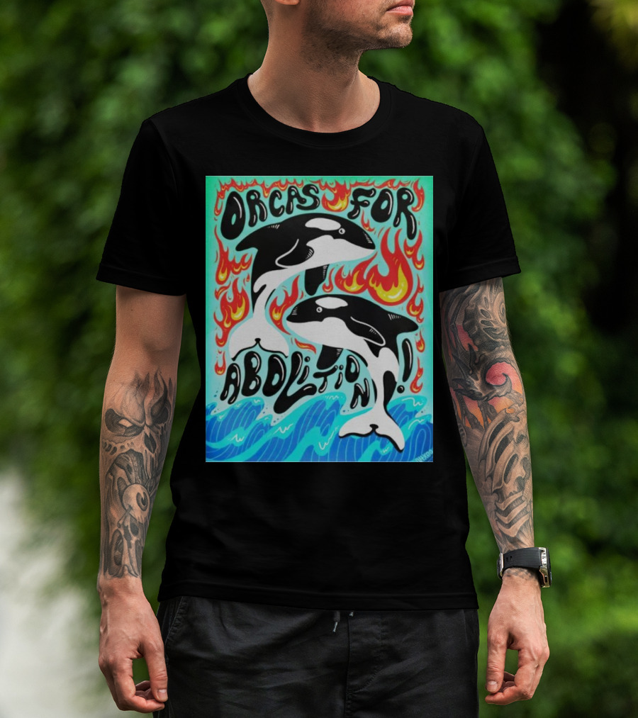 Orcas For Abolition Ocean Waves And Flames T-Shirt