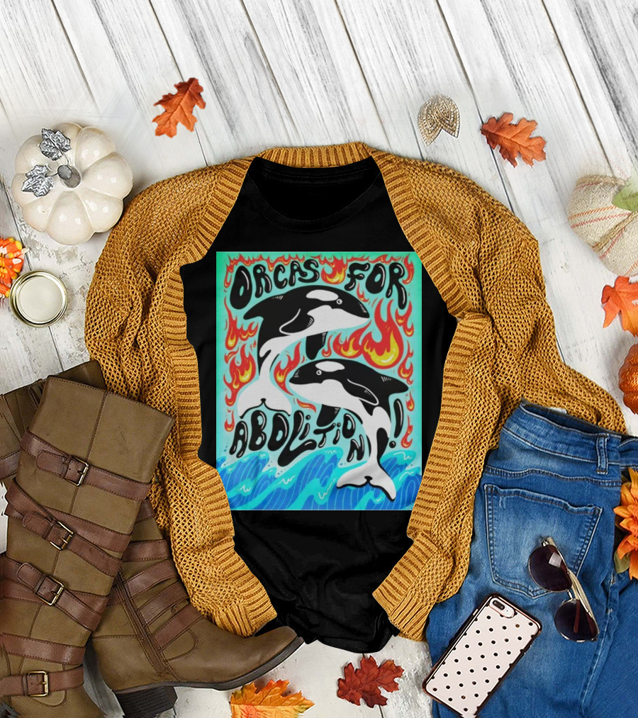 Orcas for Abolition Ocean Waves and Flames T-Shirt