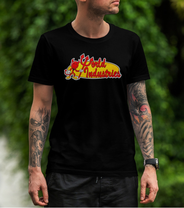 World Industries Logo With Smiling Devil Character T-Shirt