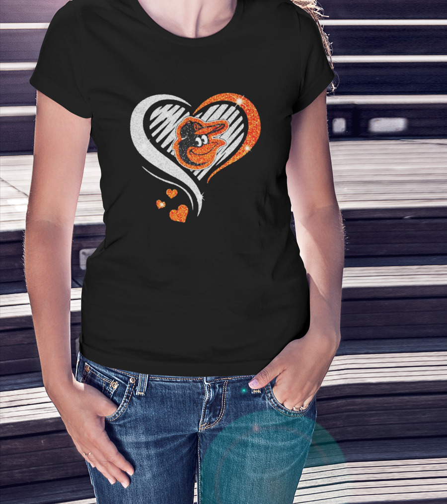 Baltimore Orioles Heart Shaped Logo With Orange Glitter Diamond T-Shirt
