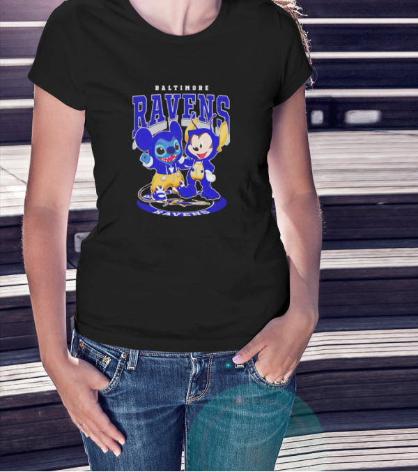 Baltimore Ravens Stitch And Mickey Character Collaboration Football T-Shirt