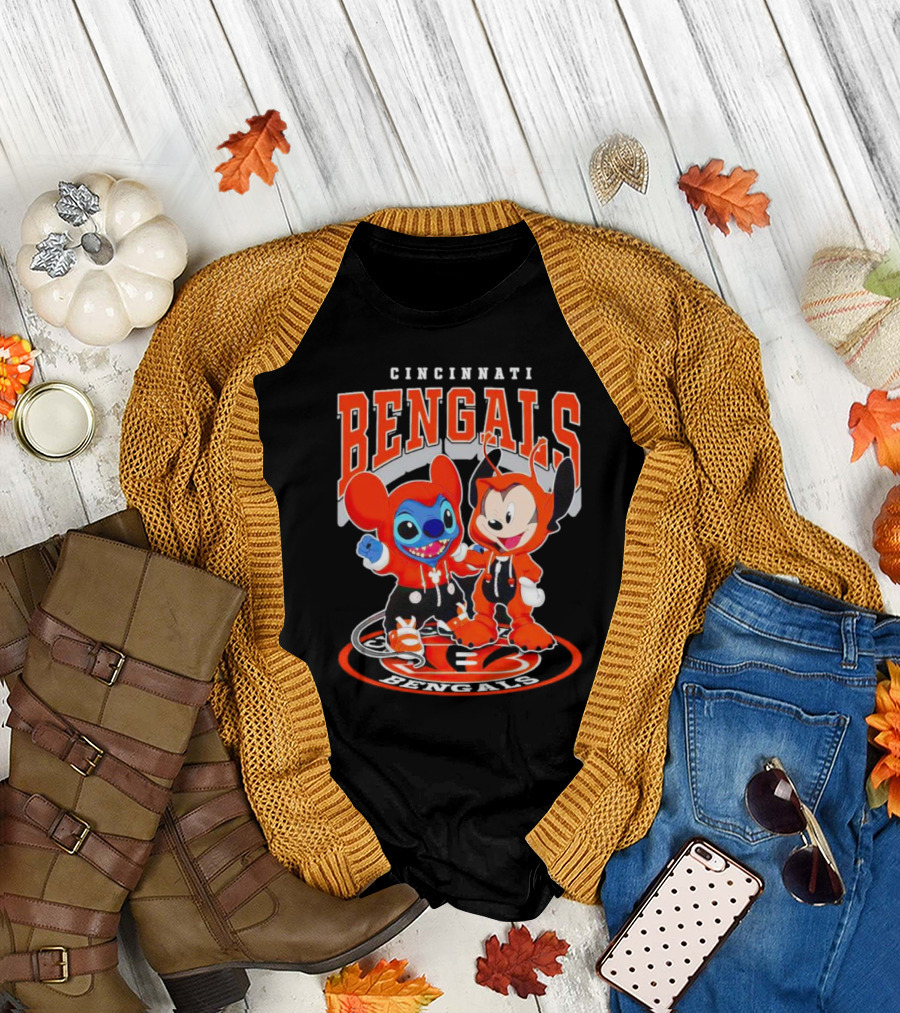 Cincinnati Bengals Mickey and Stitch NFL Collaboration T-Shirt