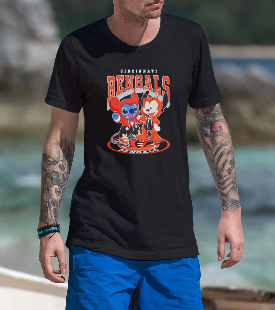 Cincinnati Bengals Mickey And Stitch NFL Collaboration T-Shirt