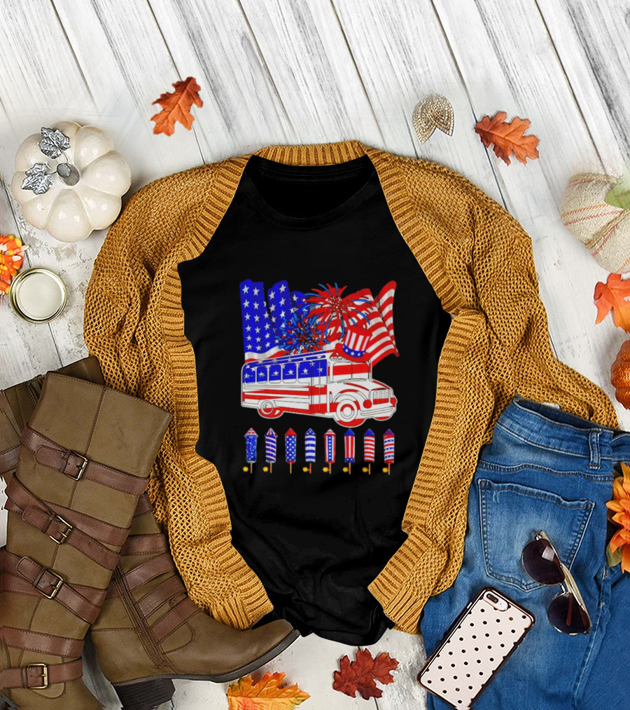 School Bus Fireworks American Flag Happy 4th of July T-Shirt