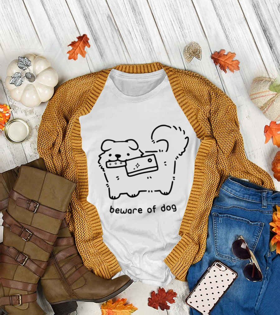 Beware of Dog Cute Puppy Holding Chew Toy T-Shirt
