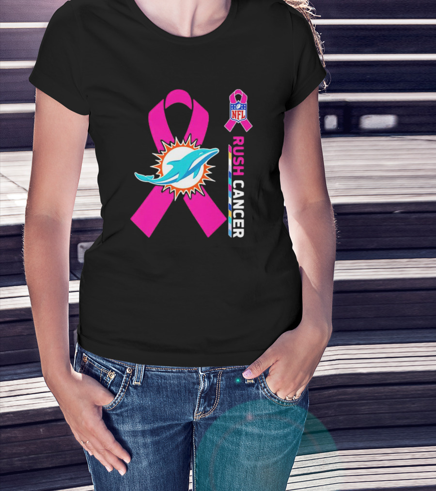 Miami Dolphins NFL Rush Cancer Pink Ribbon Emblem T-Shirt