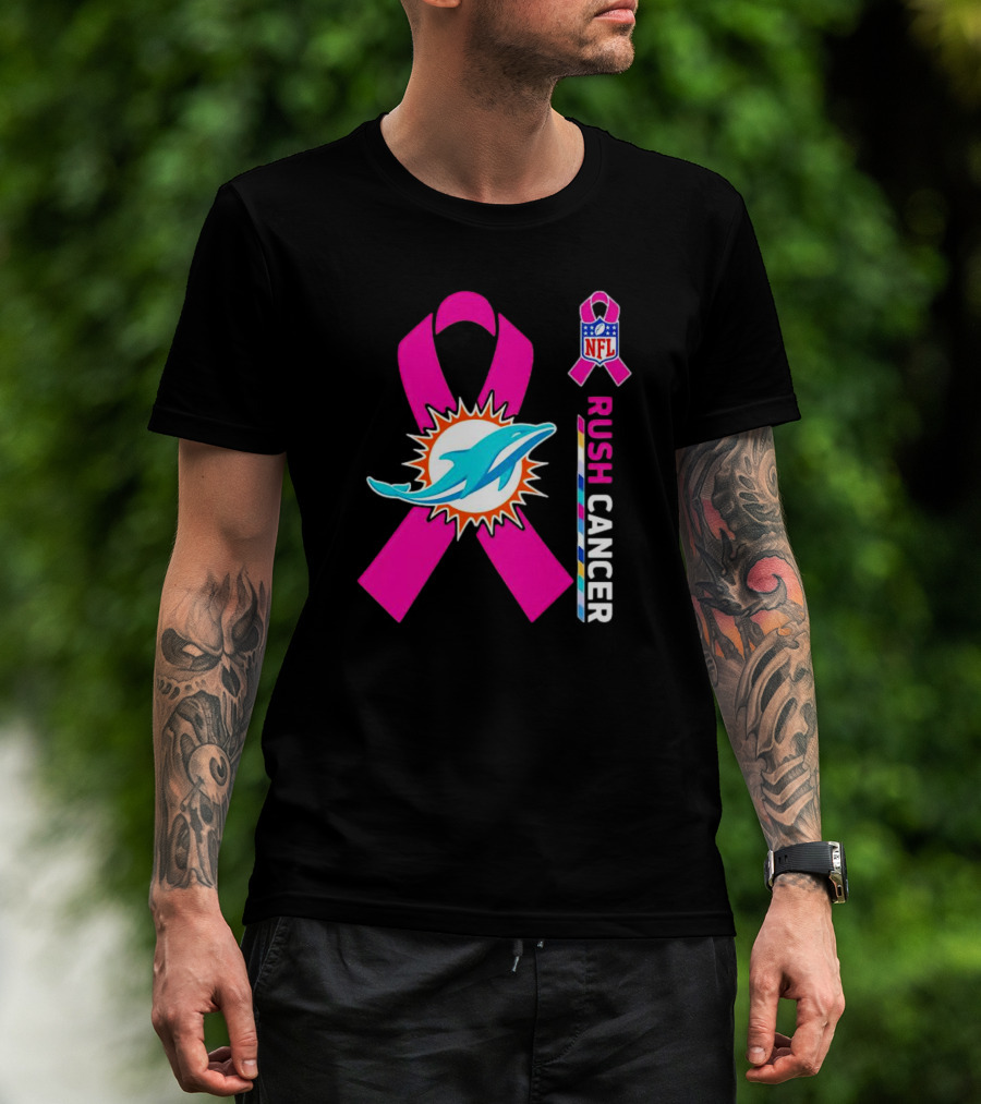 Miami Dolphins NFL Rush Cancer Pink Ribbon Emblem T-Shirt