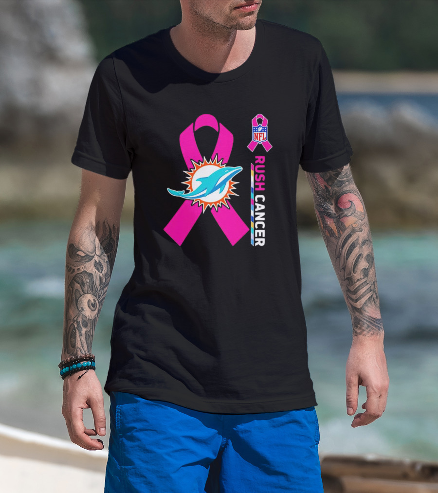 Miami Dolphins NFL Rush Cancer Pink Ribbon Emblem T-Shirt
