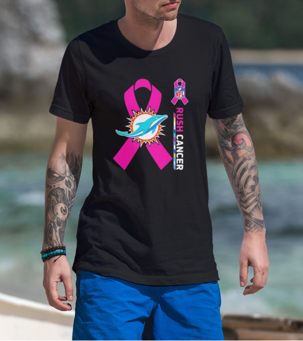 Miami Dolphins NFL Rush Cancer Pink Ribbon Emblem T-Shirt