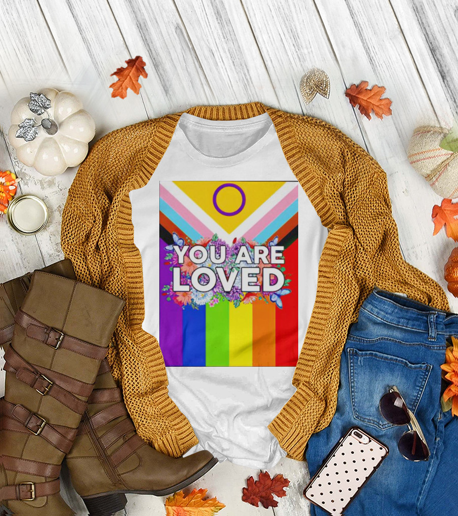 You Are Loved Pride Flag Intersex Inclusion Rainbow Floral Butterflies T-Shirt