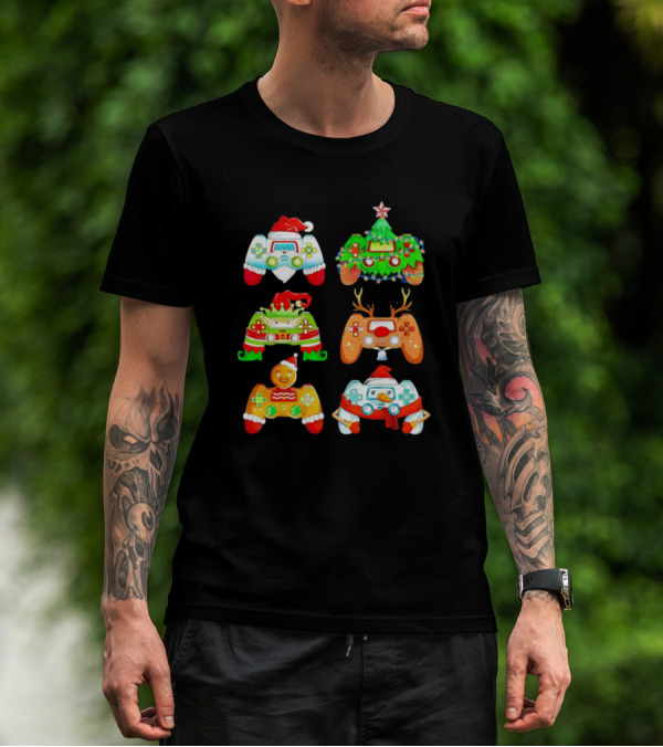 Christmas Santa Elf Snowman Reindeer Gaming Controllers Holiday T-Shirt