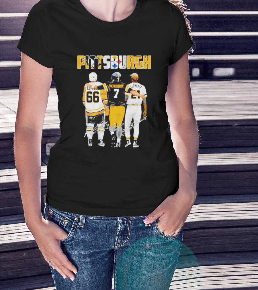 Pittsburgh Penguins Lemieux Steelers Roethlisberger Pirates Clemente Signature T-Shirt