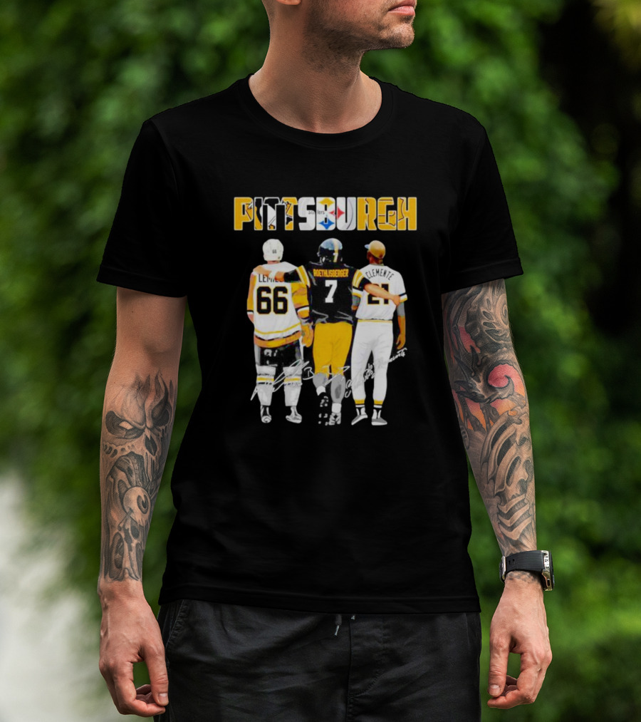 Pittsburgh Penguins Lemieux Steelers Roethlisberger Pirates Clemente Signature T-Shirt