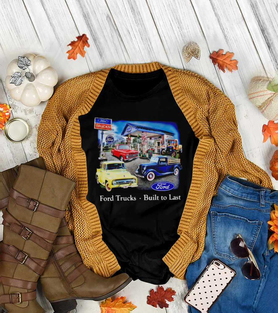Ford Trucks Built to Last Vintage Gas Station Scene with Classic Models T-Shirt
