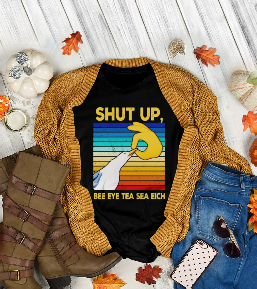 SHUT UP BEE EYE TEA SEA EICH Seagull Yellow Hand Rainbow Stripes T-Shirt