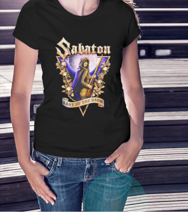 Sabaton Lady Of The Dark Hooded Figure With Floral Skull Motif T-Shirt