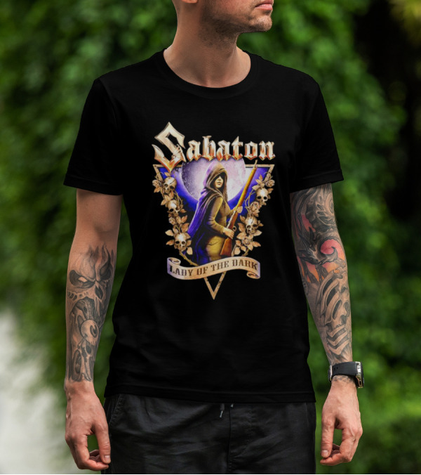 Sabaton Lady Of The Dark Hooded Figure With Floral Skull Motif T-Shirt