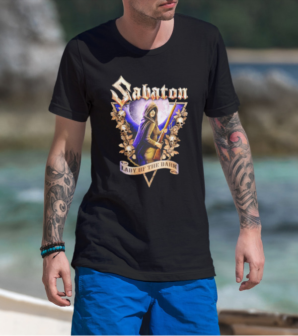 Sabaton Lady Of The Dark Hooded Figure With Floral Skull Motif T-Shirt