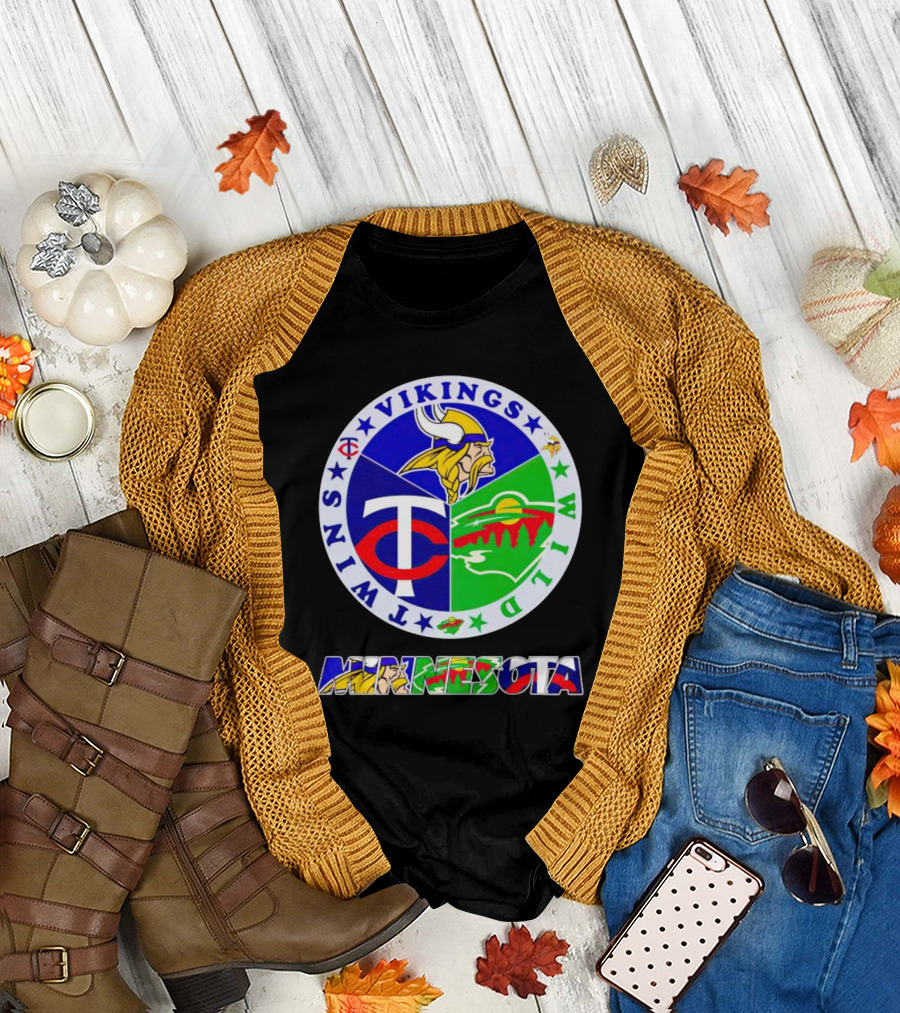 Minnesota Vikings Twins Wild Logos Circle and Colorful Minnesota Text T-Shirt