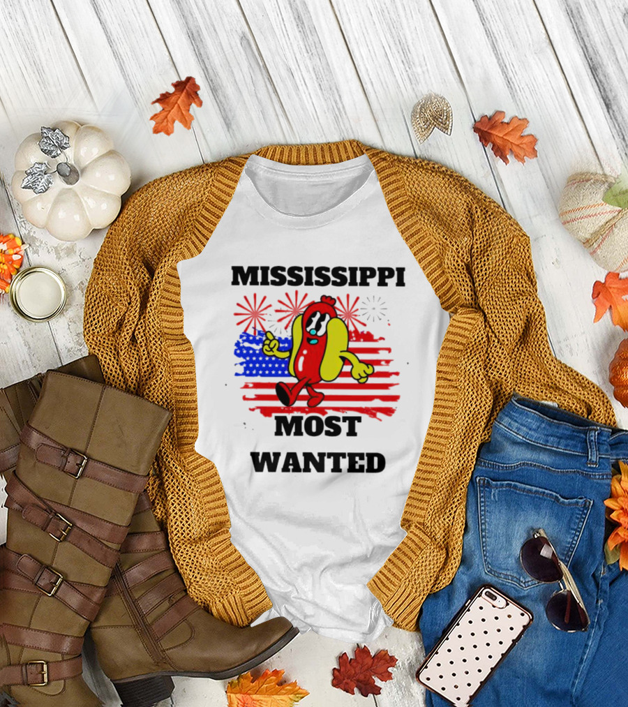 Mississippi Most Wanted Hot Dog with American Flag and Fireworks 4th of July T-Shirt