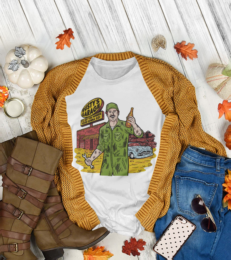 Rusty’s Garage It’ll Get You Where You’re Gonna Go Retro Mechanic Holding Wrench and Drink with Vintage Car and Workshop Scene T-Shirt