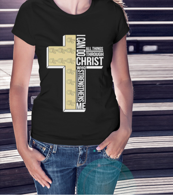 Georgia Tech Yellow Jackets GT Cross I Can Do All Things Through Christ Who Strengthens Me T-Shirt