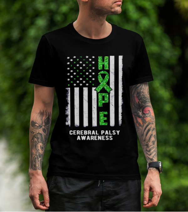 Hope American Flag Green Ribbon Cerebral Palsy Awareness T-Shirt
