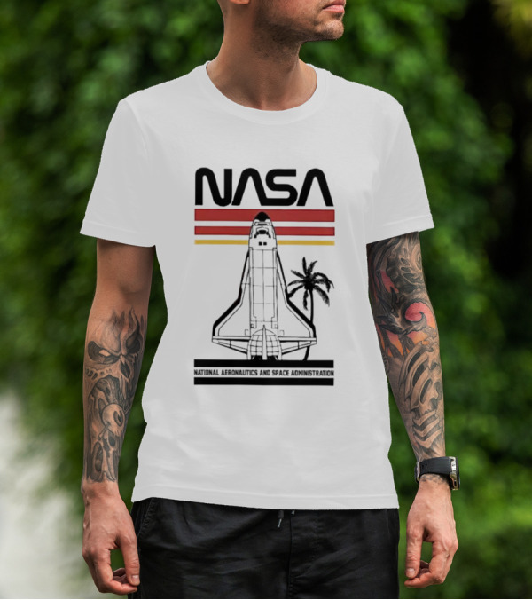 NASA National Aeronautics And Space Administration Shuttle Palm Retro Stripes T-Shirt