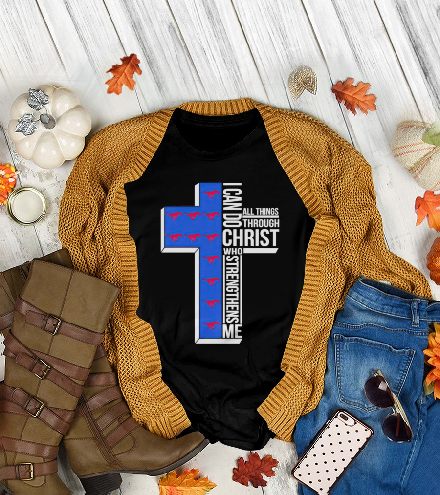 SMU Mustangs I Can Do All Things Through Christ Who Strengthens Me Cross T-Shirt
