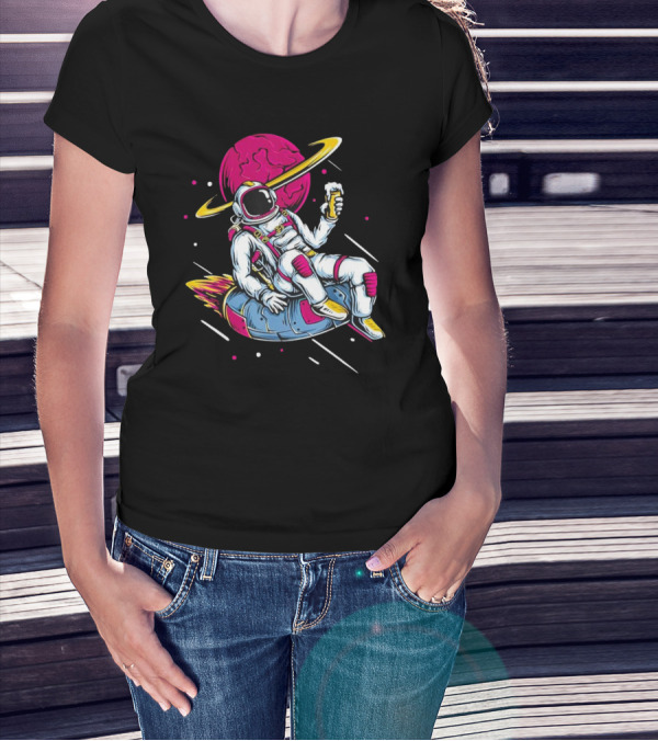Astronaut Drinking Beer In Space Suit With Planet Background T-Shirt
