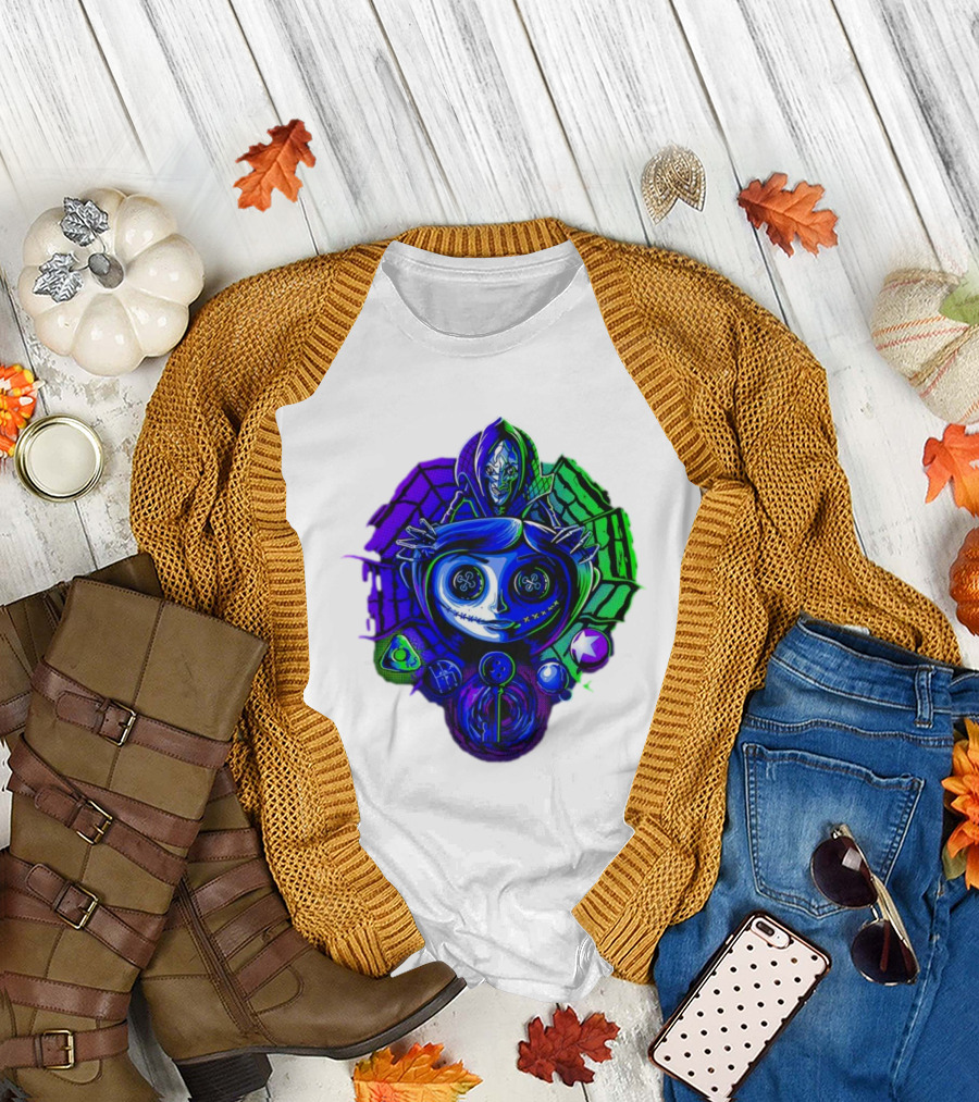 Coraline I'm Trapped Horror Neon Web and Buttons T-Shirt