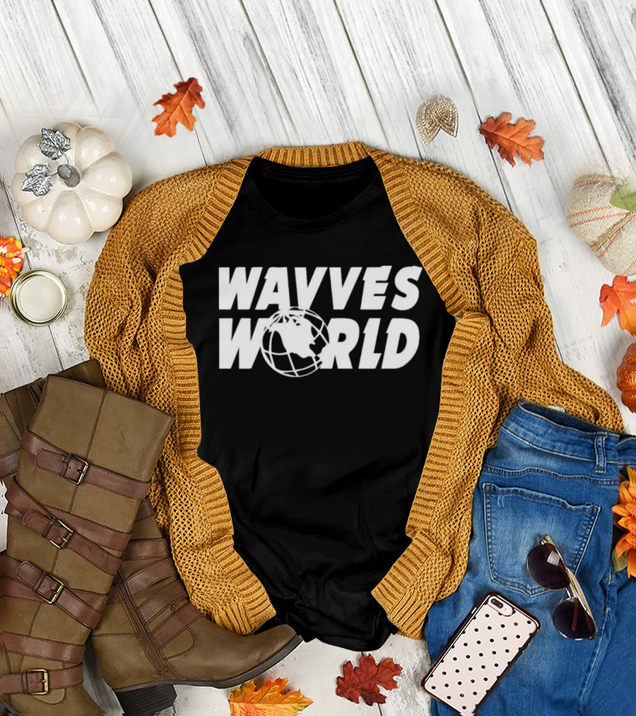 Fall flat lay featuring Wavves World Globe T-Shirt with cardigan.