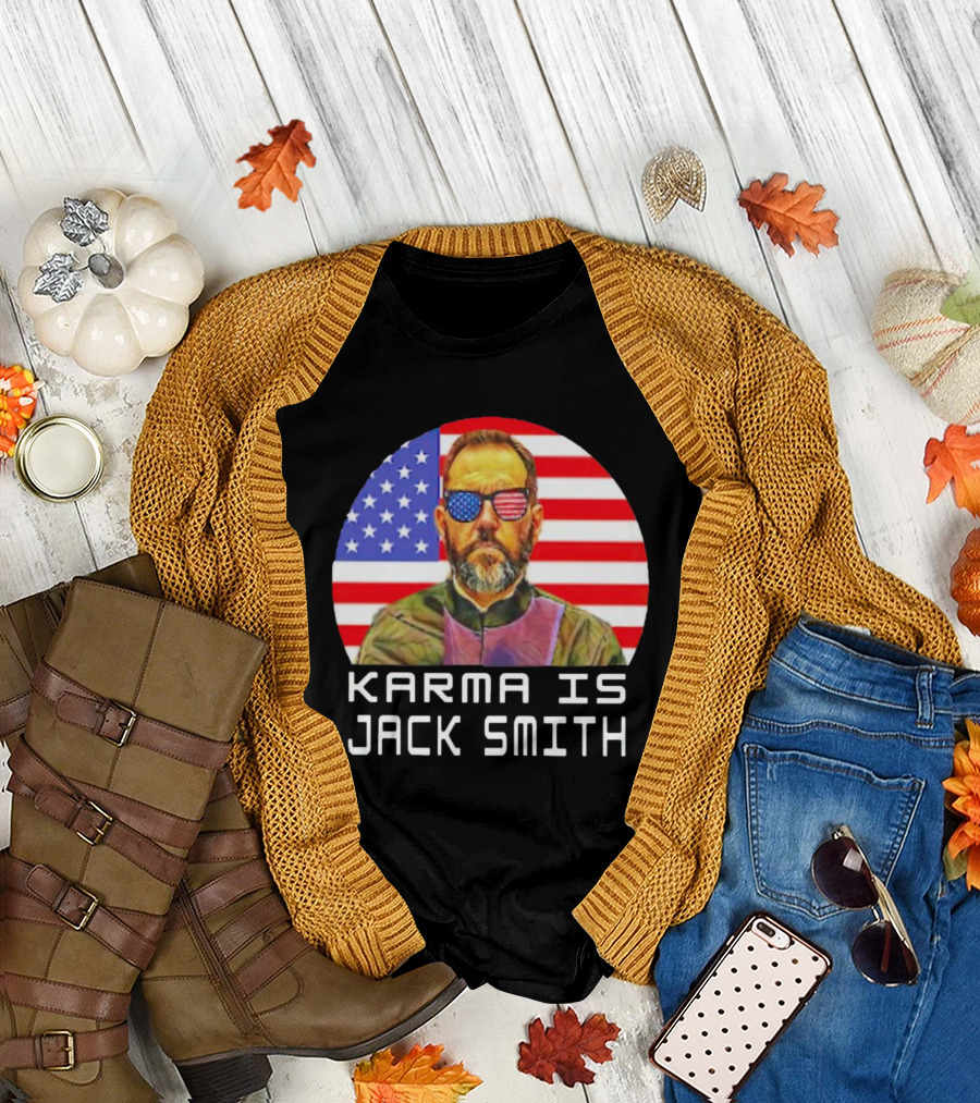 Karma Is Jack Smith with American Flag Background and Patriotic Sunglasses T-Shirt