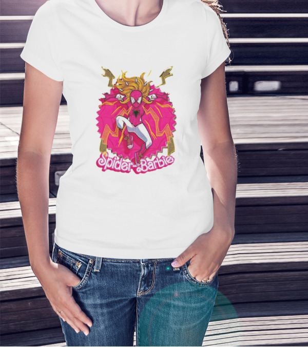 Spider-Barbie Across The Barbie-Verse With Pink Spider Suit And Dynamic Web Background T-Shirt