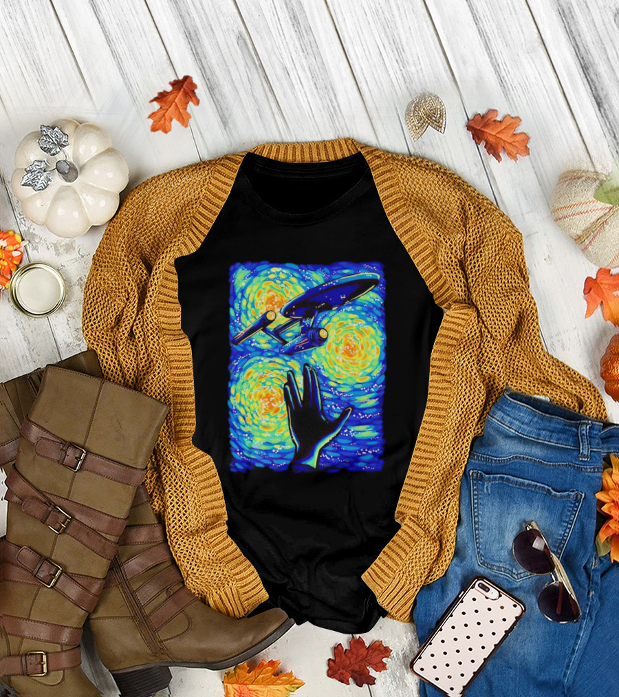 Star Trek Enterprise in Starry Night with Vulcan Salute Starry Trek T-Shirt