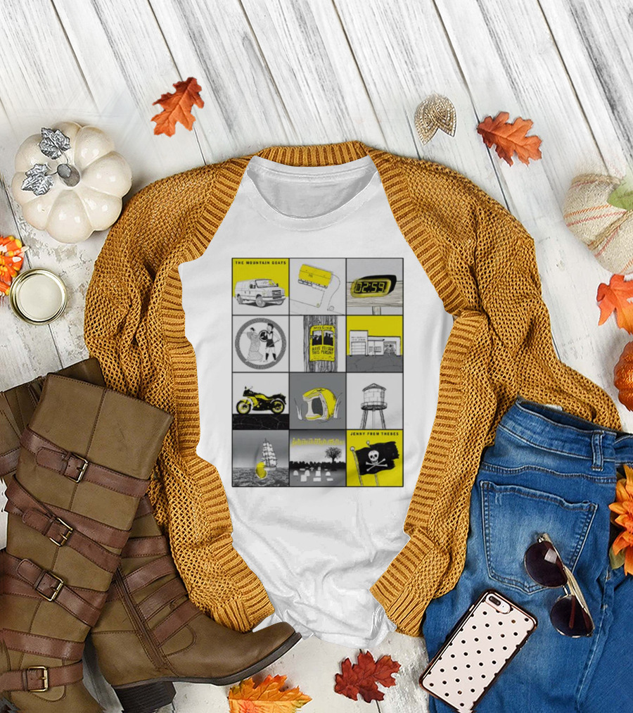 The Mountain Goats Jenny From Thebes Album Art Collage with Van Cassette Clock Sports Motorcycle Tree Water Tower Pirate Ship T-Shirt