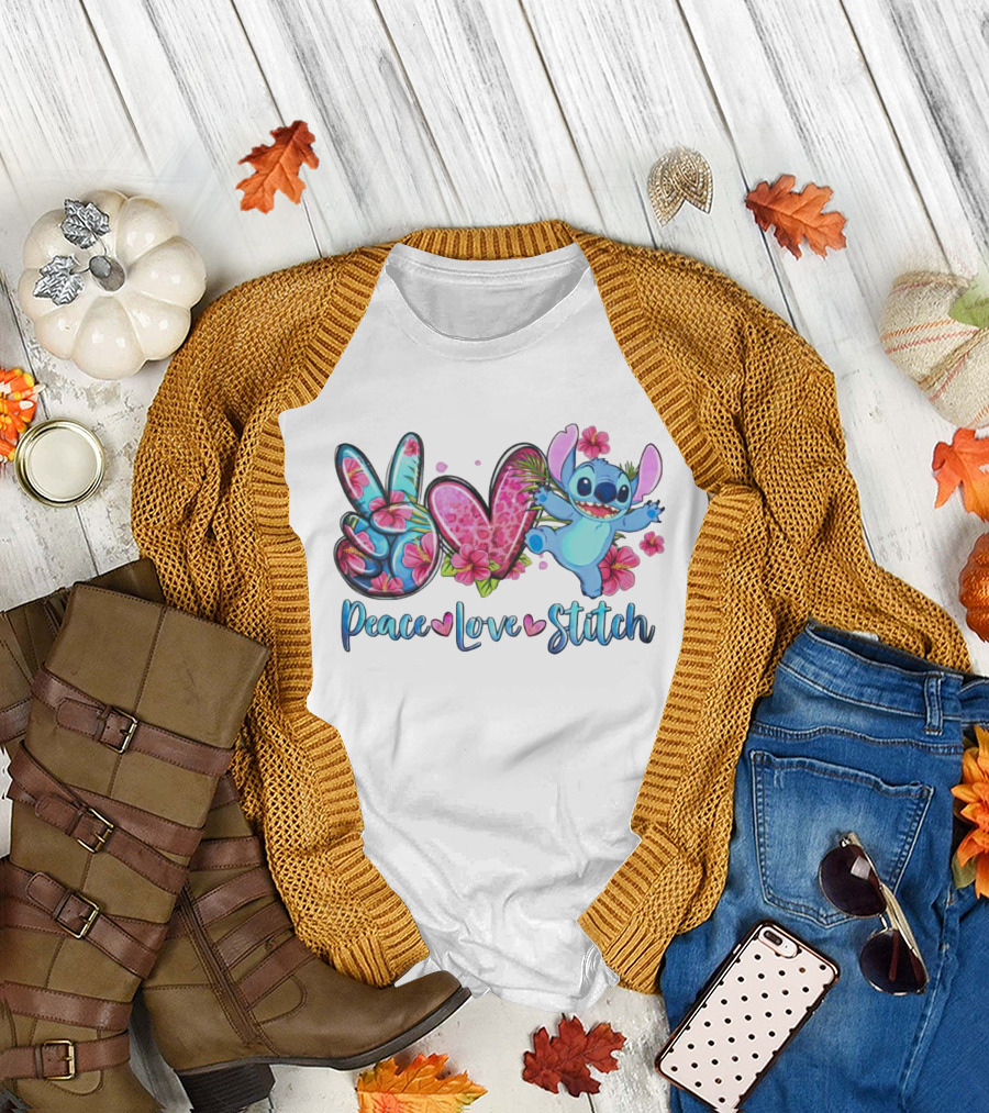 Peace Love Stitch Flower Hibiscus Iconic Character T-Shirt