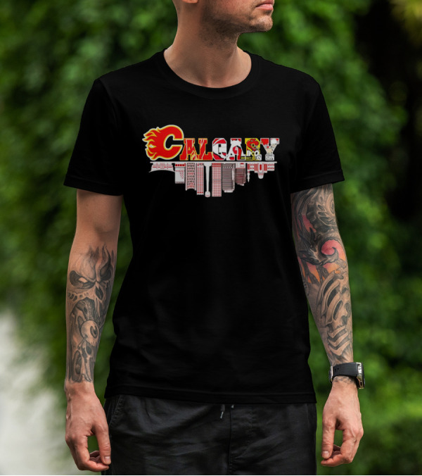 Calgary Flames Inspired Cityscape With Upside Down Skyline And Team Elements T-Shirt