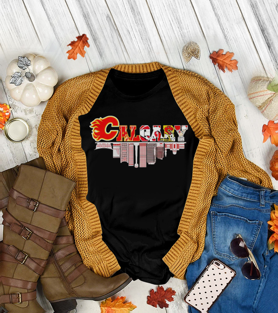Calgary Flames Inspired Cityscape With Upside Down Skyline And Team Elements T-Shirt