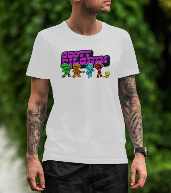 Scott Pilgrim Pixel Characters With Neon Title And Cat T-Shirt