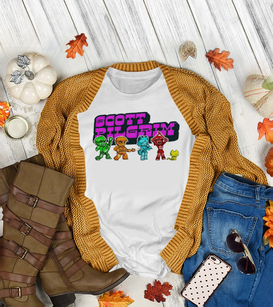 Scott Pilgrim Pixel Characters with Neon Title and Cat T-Shirt