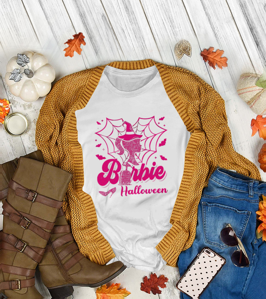 Barbie Halloween Witch Hat Cobweb Silhouette Pink Text Bat Heels T-Shirt