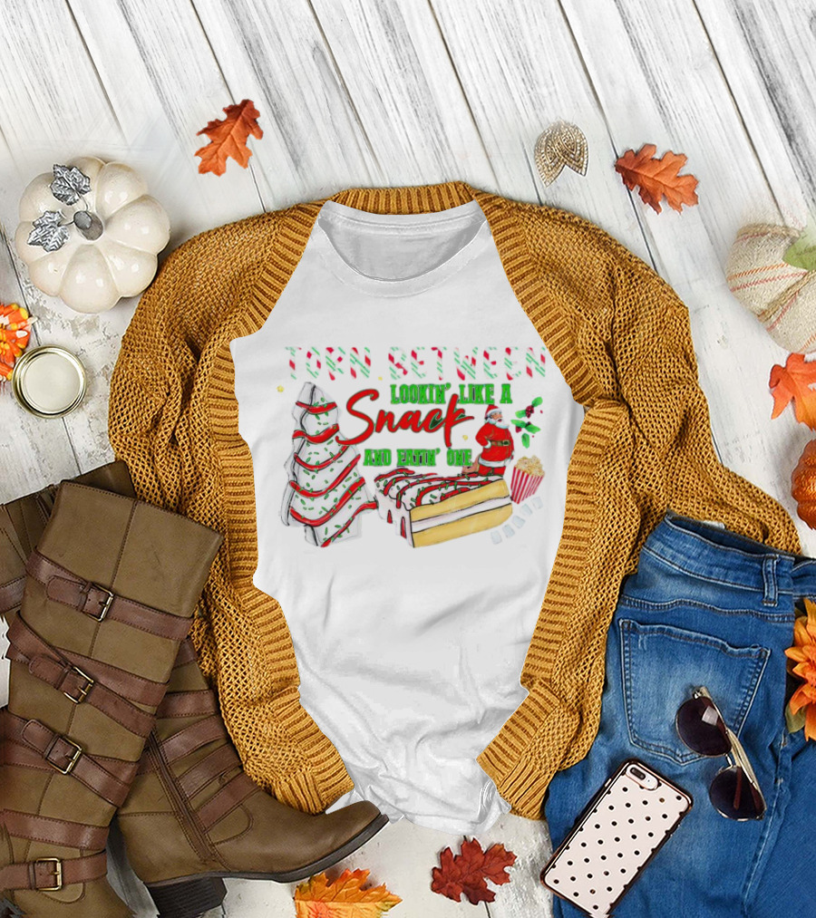 Torn Between Looking Like a Snack and Eatin' One Christmas Santa Tree Cake Popcorn T-Shirt