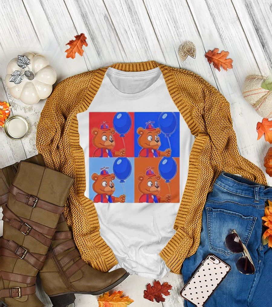 Men's Balloon Freddy Grid Art Style Bear with Blue Balloon T-Shirt
