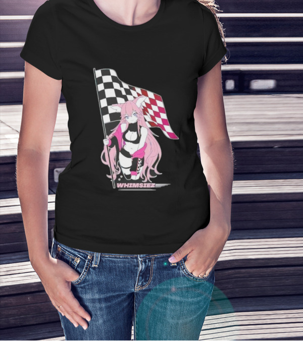Whimsiez Checkered Flag Pink-Haired Girl Racing T-Shirt