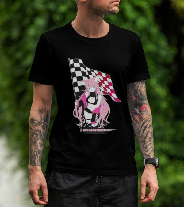 Whimsiez Checkered Flag Pink-Haired Girl Racing T-Shirt