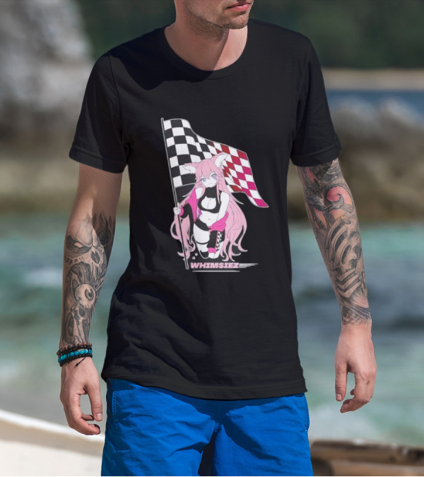 Whimsiez Checkered Flag Pink-Haired Girl Racing T-Shirt
