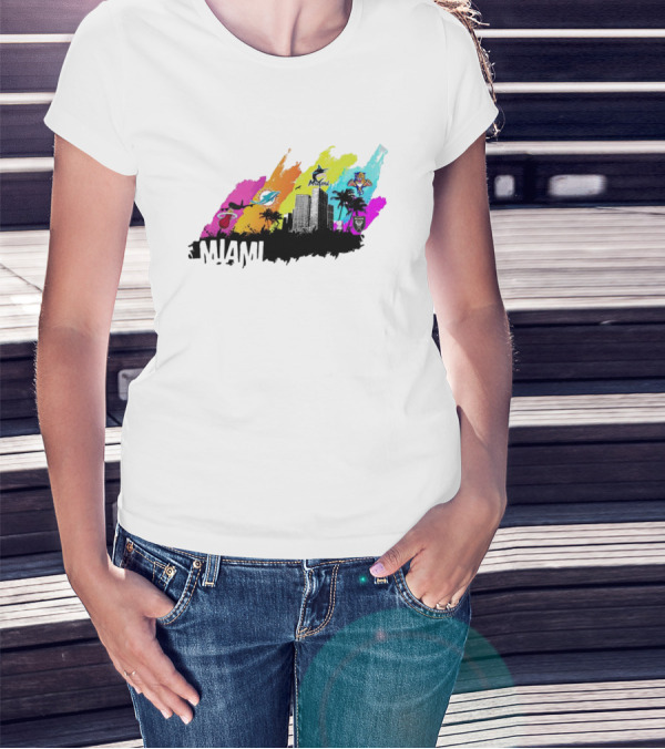 Miami City Skyline With Sports Team Logos And Vibrant Colors T-Shirt